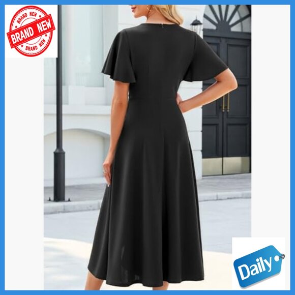 A-Line Midi Formal Dress with Pockets, Ruffle Sleeves, Detachable Corsage - Picture 6 of 7